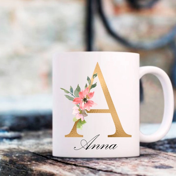 Monogramme Mug/ Mug prénom /cadeau personnalisé avec lettre initiale/ Fleurs d’aquarelle Tasse personnalisée/tasse lettre initiale florale