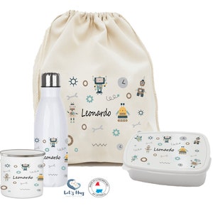 Kit enfant rentrée scolaire personnalisé ROBOT  ,Ensemble gourde et boite à goûter, pochon rangements , tasse personnalisé