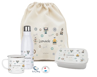 Kit enfant rentrée scolaire personnalisé ROBOT  ,Ensemble gourde et boite à goûter, pochon rangements , tasse personnalisé