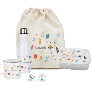 Kit enfant rentrée scolaire personnalisé SPACE ,Ensemble gourde et boite à goûter, pochon rangements , tasse personnalisé