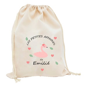 Grande Pochon cygne / Sac personnalisé pour la rentrée, sac à doudou, fournitures scolaires ou sportives, maternelle