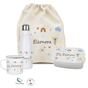 Kit enfant rentrée scolaire personnalisé KOALA  ,Ensemble gourde et boite à goûter, pochon rangements , tasse personnalisé