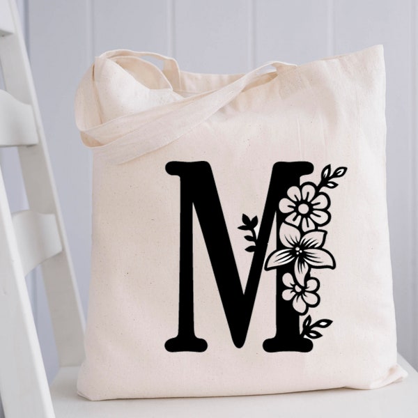 Tote Bag Femme Lettre Florale Personnalisé en coton, Sac toile Cabas, Sac fourre-tout, tote bag cadeau femme, , cadeau femme,