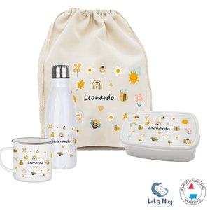 BEES personalized back-to-school children's kit, water bottle and snack box set, storage pouch, personalized cup