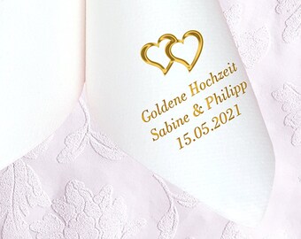 White napkins for golden wedding, printed with motif of your choice, personalized name and date