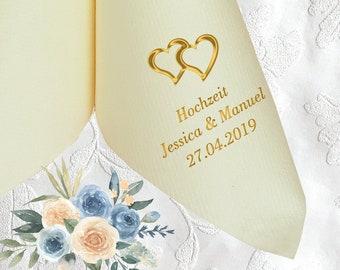 Napkins for weddings, printed with names, dates and HEARTS motif