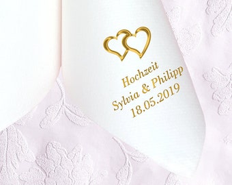 White napkins for weddings, printed with names, dates and motifs of your choice