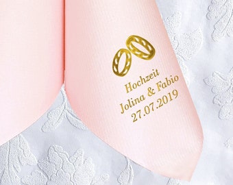 Napkins for weddings, printed with names, dates and RINGS motif