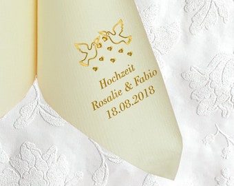 Napkins for weddings, printed with name, date and motif DOVES