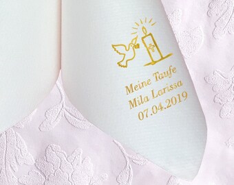 White napkins for baptism, printed with motif of choice, personalizes name and date