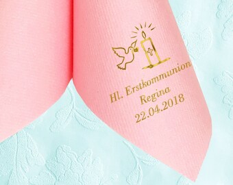 Napkins for communion printed with CANDLE-DOVE motif, personalized with name and date