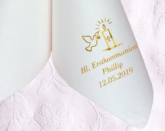 White napkins for communion printed with a motif of your choice, personalized with name and date