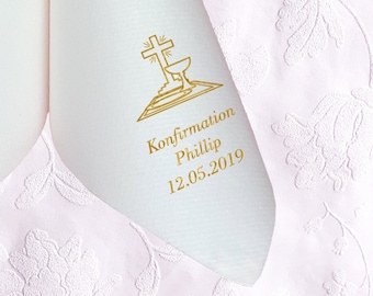 White napkins for confirmation printed with motif of choice, personalized with name and date