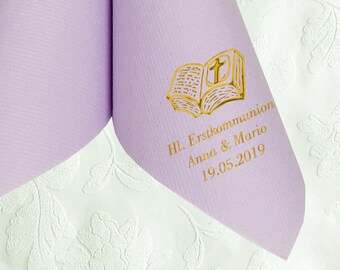 Napkins "Colour LILAC" for communion printed with BIBLE motif, personalized with name and date