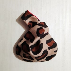 Japanese knot bag, wrist bag, animal print, brown and black