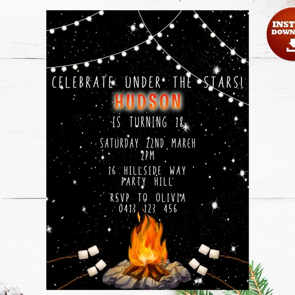 DIGITAL Camping Campfire Bonfire Party Invitation. You Edit, Immediate Download, Email or Print