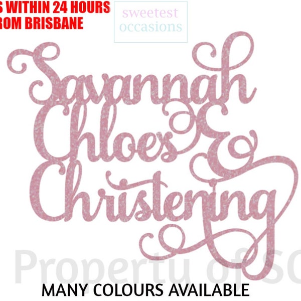 CHRISTENING Cake Topper *2 NAMES* - or any occasion-  Glitter Metallic Colourful - Choose your colour - Personalisation free