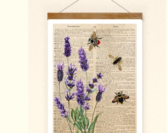 Bienen Bild Lavendel Dictionary Poster Print botanical Collage antike Wandkunst Wanddeko Vintage