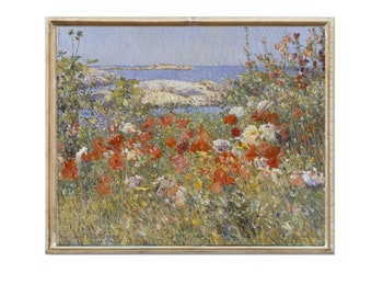 Póster vintage de arte mural con flores de jardín estilo cottage de amapolas, descarga digital. Arte mural vintage en tonos cálidos estilo cottage deco.
