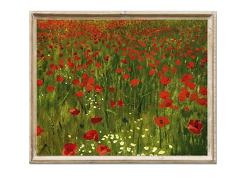 Póster vintage de arte mural con flores de jardín estilo cottage de amapolas, descarga digital. Arte mural vintage en tonos cálidos estilo cottage deco.