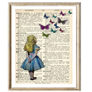 Vintage Alice with butterflies  wallart  Poster Dictionary Print digital download Cottage deco Warm Tone Vintage Wall Art