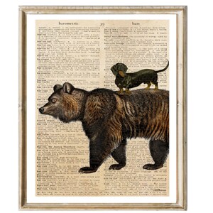 Vintage dachshound and bear wallart  Poster Dictionary Print digital download Cottage deco Warm Tone Vintage Wall Art