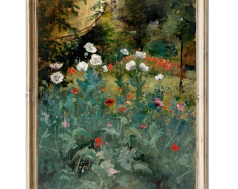 Póster vintage de arte mural con flores de jardín estilo cottage de amapolas, descarga digital. Arte mural vintage en tonos cálidos estilo cottage deco.