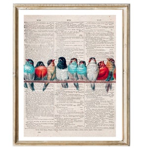 Vintage art Vintage birds on the line wallart Poster Dictionary Print digital download Cottage deco Warm Tone Vintage Wall Art