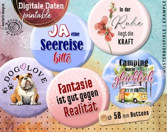 20 design button templates - digital print collages - special size 58 mm - fun colorful mix - instant download PDF/JPG - No. 2407