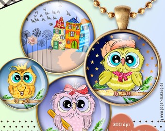 9x 8 sizes - Owls - sweet Owls - Collage Sheet digital - Instant Download - PDF/JPG - 8 sizes: 25, 20, 18, 16, 14, 12, 10, 8 mm - No. 285