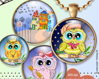 9x 8 sizes - Owls - sweet Owls - Collage Sheet digital - Instant Download - PDF/JPG - 8 sizes: 25, 20, 18, 16, 14, 12, 10, 8 mm - No. 285