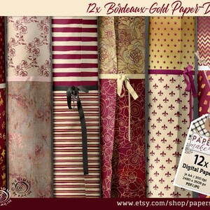 Papierontwerp digitaal - bordeauxrood-goud - 12x printbaar papier - scrapbookachtergrondenpapier - A4 - direct downloaden PDF/JPG - nr. 367