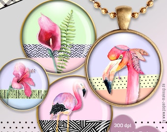 9x 8 sizes digital Collage Sheets Flamingos | Instant-Download - PDF/JPG | 8 sizes: 25, 20, 18, 16, 14, 12, 10, 8 mm - Nr 292