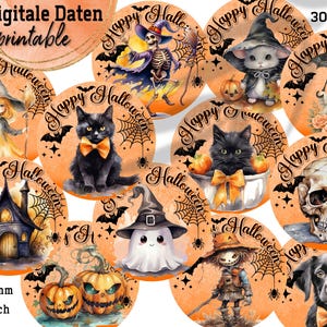 May include: A collection of Halloween-themed digital printable designs. Each circular design features watercolor illustrations of spooky characters like a skeleton, black cat, ghost, and pumpkin, with the text "Happy Halloween". The designs are 2.5 inches in diameter.