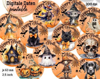 12 various Halloween circles - booooh - digital print collages - each ø 63 mm/ 2.5 inch - instant download PDF/JPG - No. 2527
