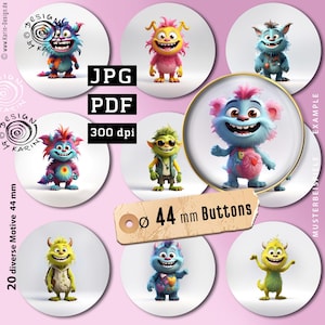 May include: Twenty colorful cartoon monster designs for 44 mm buttons. The designs feature various colors, including blue, green, yellow, pink, and purple. The text "JPG PDF 300 dpi" is visible in the center of the image.