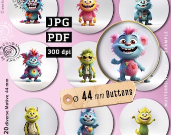 20 design button templates - digital print collages - custom size 44 mm - monster - premium quality - instant download PDF/JPG - No. 2514