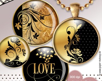 9x 9 sizes digital collage sheets | Black Gold | Instant Download - PDF/JPG | 9 sizes: 30, 25, 20, 18, 16, 14, 12, 10, 8 mm - No. 352