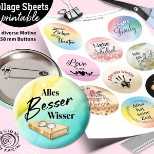 20x Ontwerpknopsjablonen - Digitale printcollages - Aangepast formaat 58 mm - Coole spreuken - Direct downloaden PDF/JPG - Nr. 511