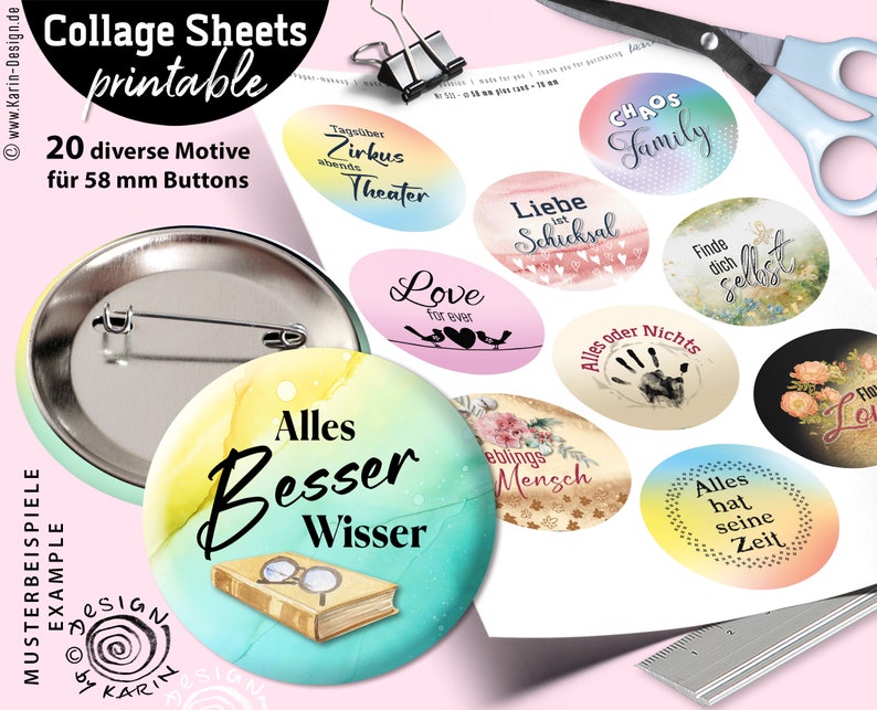 20x Design Button-Vorlagen Print-Collagen digital Sondergröße 58 mm coole Sprüche Instant-Download PDF/JPG Nr 511 Bild 1