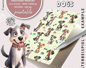 seamless patterns - borderless pattern - 12 x 12 inch - cartoon dogs - digital - 4 JPGs and 1 PNG - instant download - No. 2402