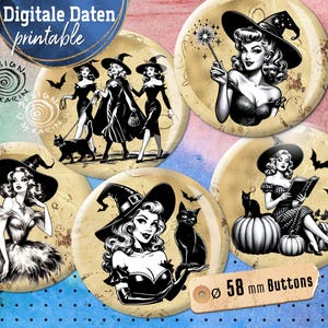 May include: Five 58 mm round buttons with a vintage Halloween theme. Each button features a black and white illustration of a witch with a black cat. The buttons have a distressed, aged paper background.