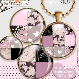 Könnte beinhalten: Eine Sammlung runder Anhänger und Cabochons mit Patchwork-Design. Die Designs zeigen florale Muster in Rosa-, Braun- und Schwarztönen, eingefasst in goldfarbene Fassungen. Das Bild enthält den Text "PAPERmake up".