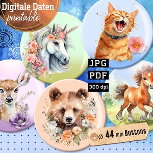 May include: Five 44 mm button designs featuring watercolor illustrations of a unicorn, a deer, a bear, a cat, and a horse. Each design includes floral elements and a light background.