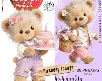 Birthday Teddys and more - in watercolor style - digital files - instant download PNG/JPG and PDF - No. 2621