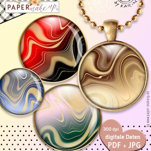 May include: Four round, gold-rimmed, glass cabochons with swirling patterns of red, black, and gold; blue, white, and gold; green, pink, and gold; and brown and gold. The cabochons are arranged in a semi-circle with the text "PAPERmake up" in the top left corner.