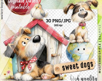30 cute dog clipart images - in watercolor style - digital files - instant download PNG, JPG and PDF - No. 2615