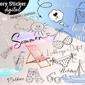 Könnte beinhalten: Ein Set mit schwarzen und weißen digitalen Stickern zum Thema Sommer. Die Sticker beinhalten einen Strandstuhl, eine Strandtasche, einen Bikini, eine Sonnenbrille, ein Segelboot, ein Glas Wasser, eine Sonne, ein Handtuch, eine Tube Sonnencreme und die Wörter "Sommer", "Lieblings Outfit", "Beach Please", "So schön", "Ja, Holiday" und "#Erlebnis".
