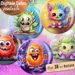 20 diverse ontwerp-knopsjablonen - digitale printcollages - speciaal formaat 38 mm - klein Monster - direct te downloaden PDF/JPG - nr. 2334