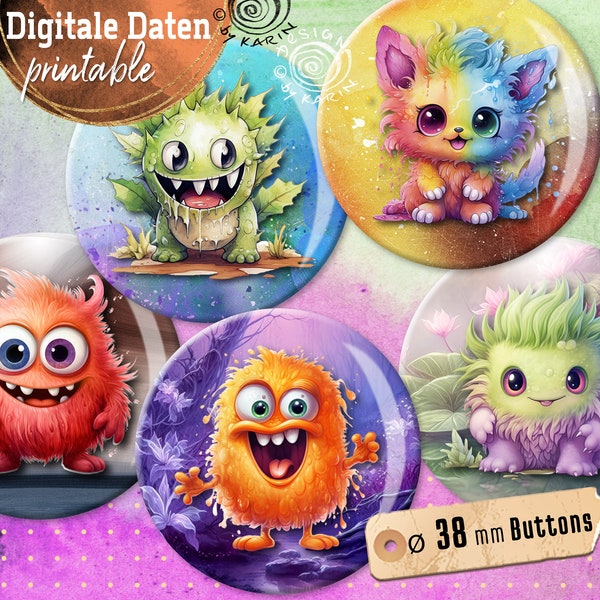 20 various design button templates - digital print collages - special size 38 mm - little monster - instant download PDF/JPG - No. 2334